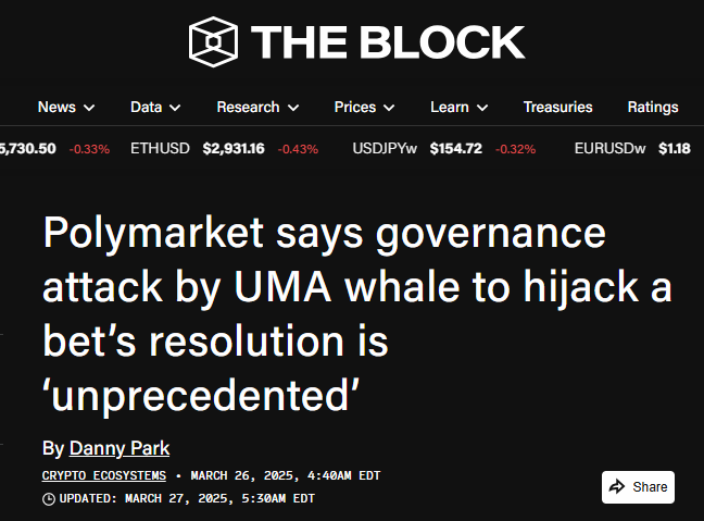polymarket calls UMA whale governance attack unprecedented
