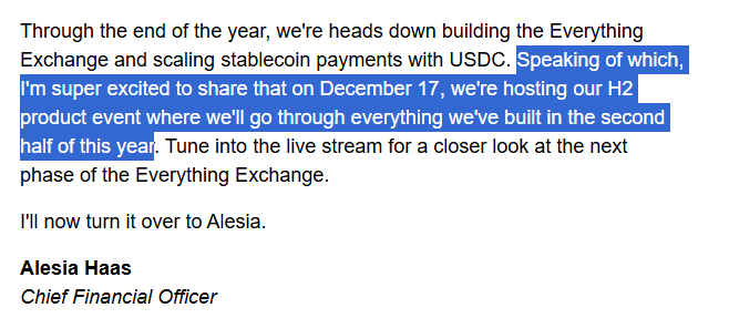 coinbase cfo hinting at a december 17 product reveal