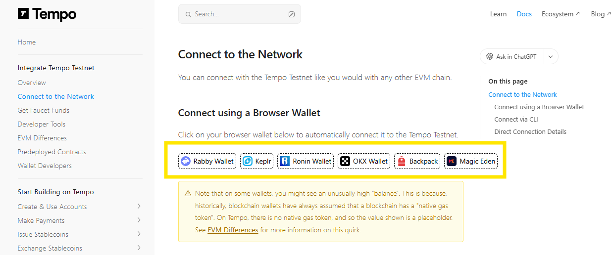 connect a wallet and add tempo testnet