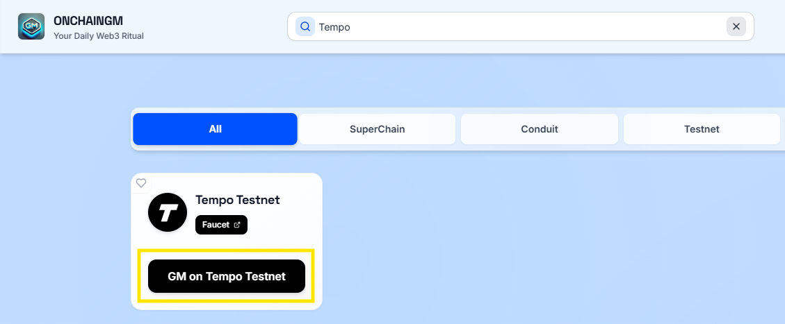 onchain activity: send a gm transaction on tempo testnet