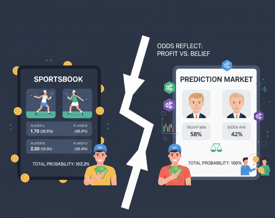 sportsbook margin vs prediction market odds that sum to 100 percent