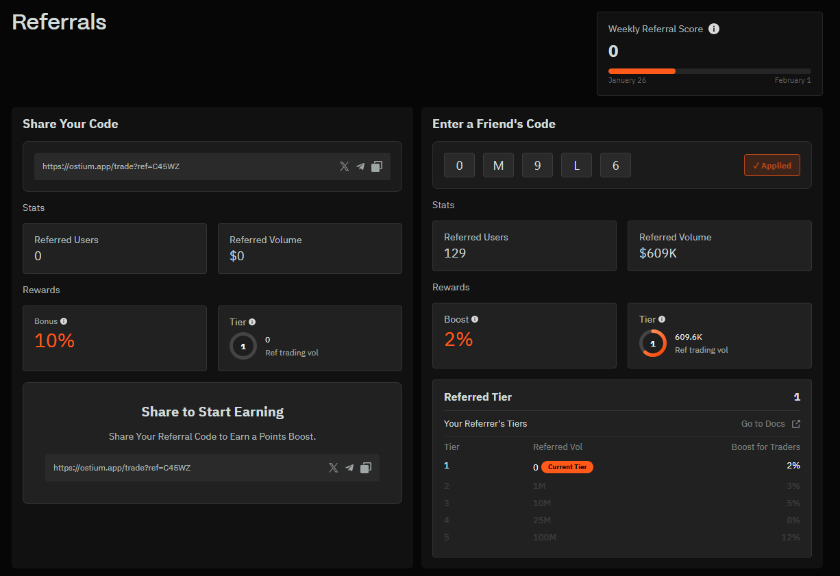 copy the referral code or link ostium airdrop