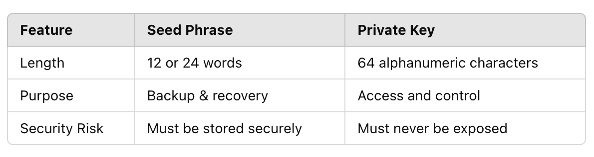difference between private key vs seed phrase