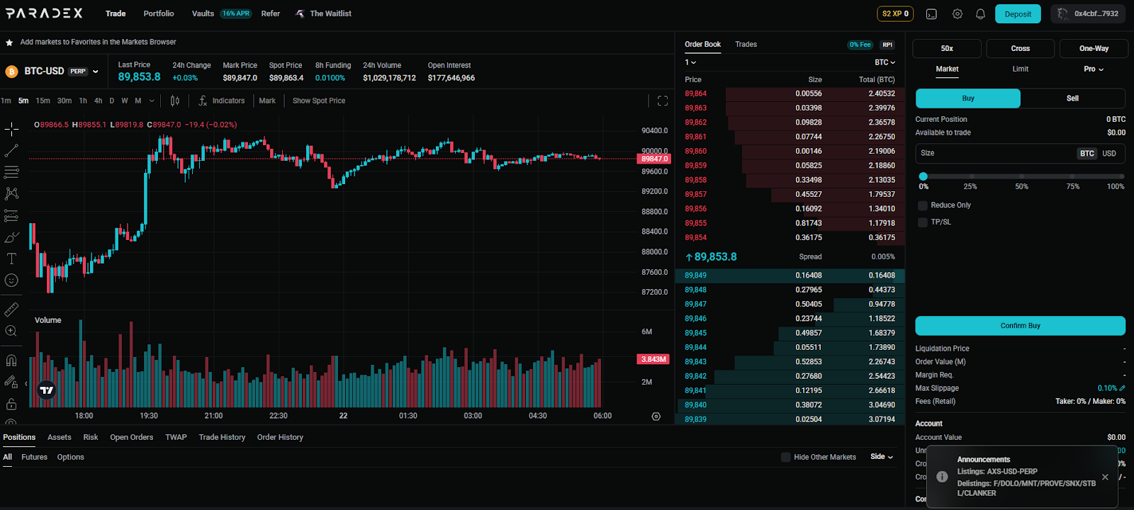 paradex trading interface