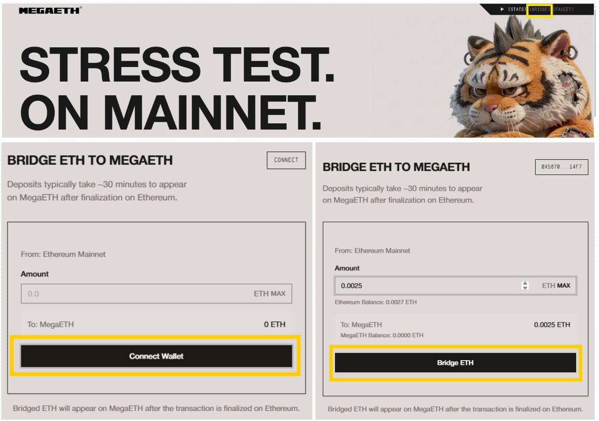 megaeth mainnet stress test bridge interface