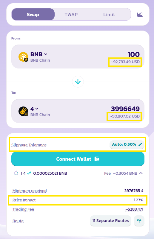 trade interface showing price impact vs slippage
