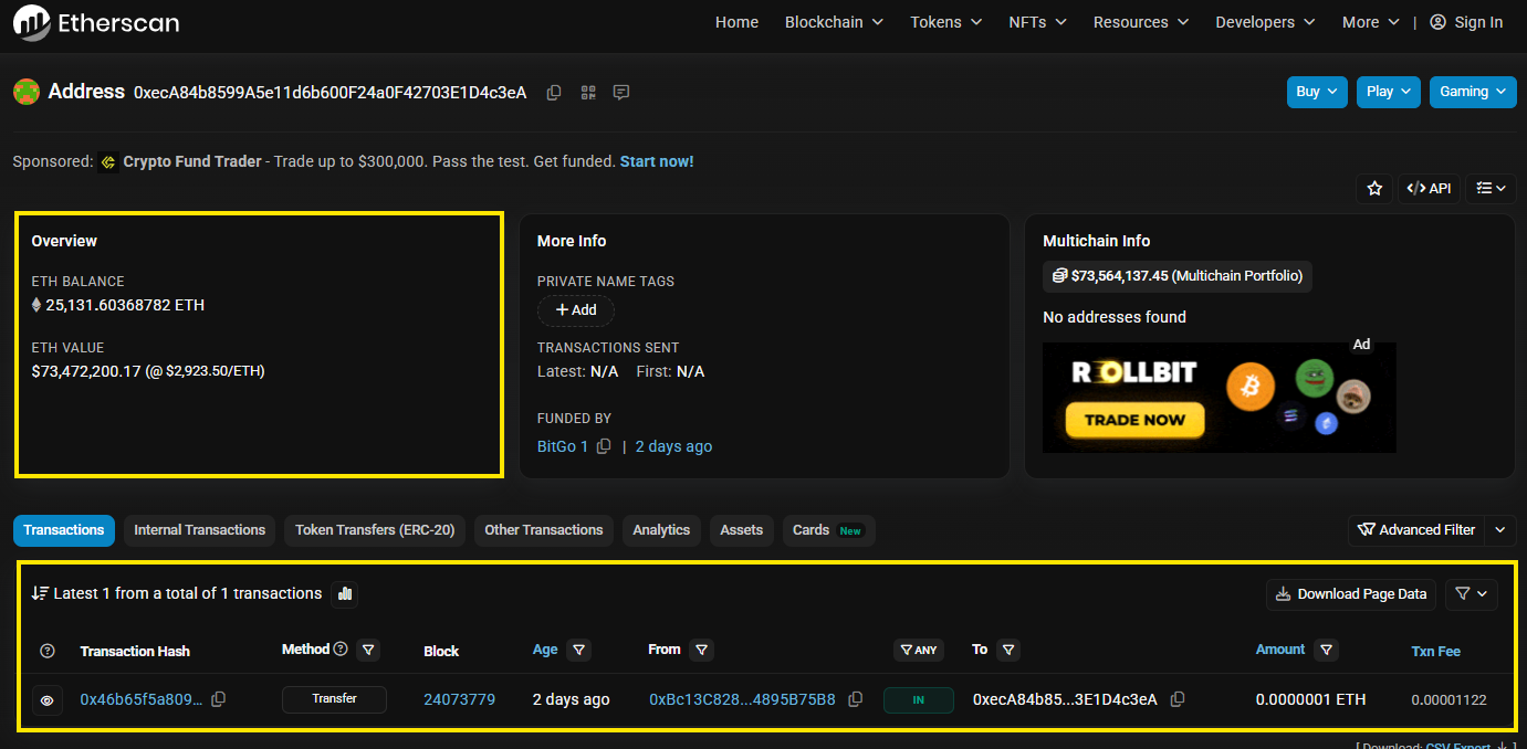 wallet overview on a blockchain explorer showing balance tokens and transaction history
