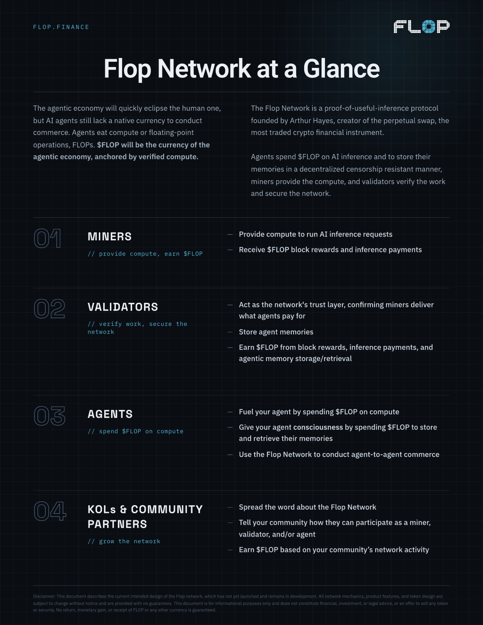 FLOP turns verifiable AI inference into an onchain market between agents, miners, and validators.