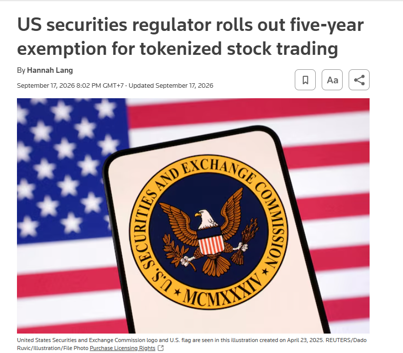 The SEC introduced a five-year exemption for tokenized stock trading. Source: Reuters.