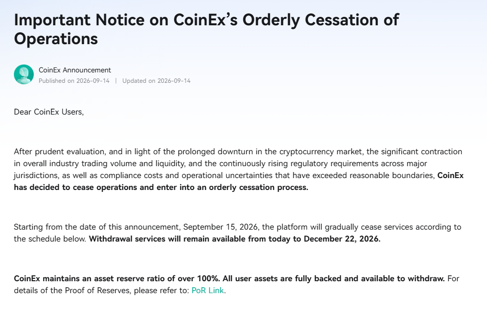 Important Notice on CoinEx’s Orderly Cessation of Operations