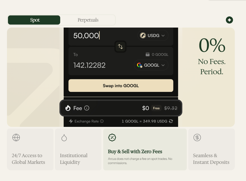 Arcus Stock Token swaps with 0% trading fees.